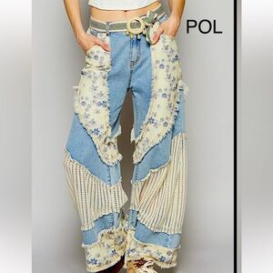 POL Floral Patchwork& crochet  Denim Jeans